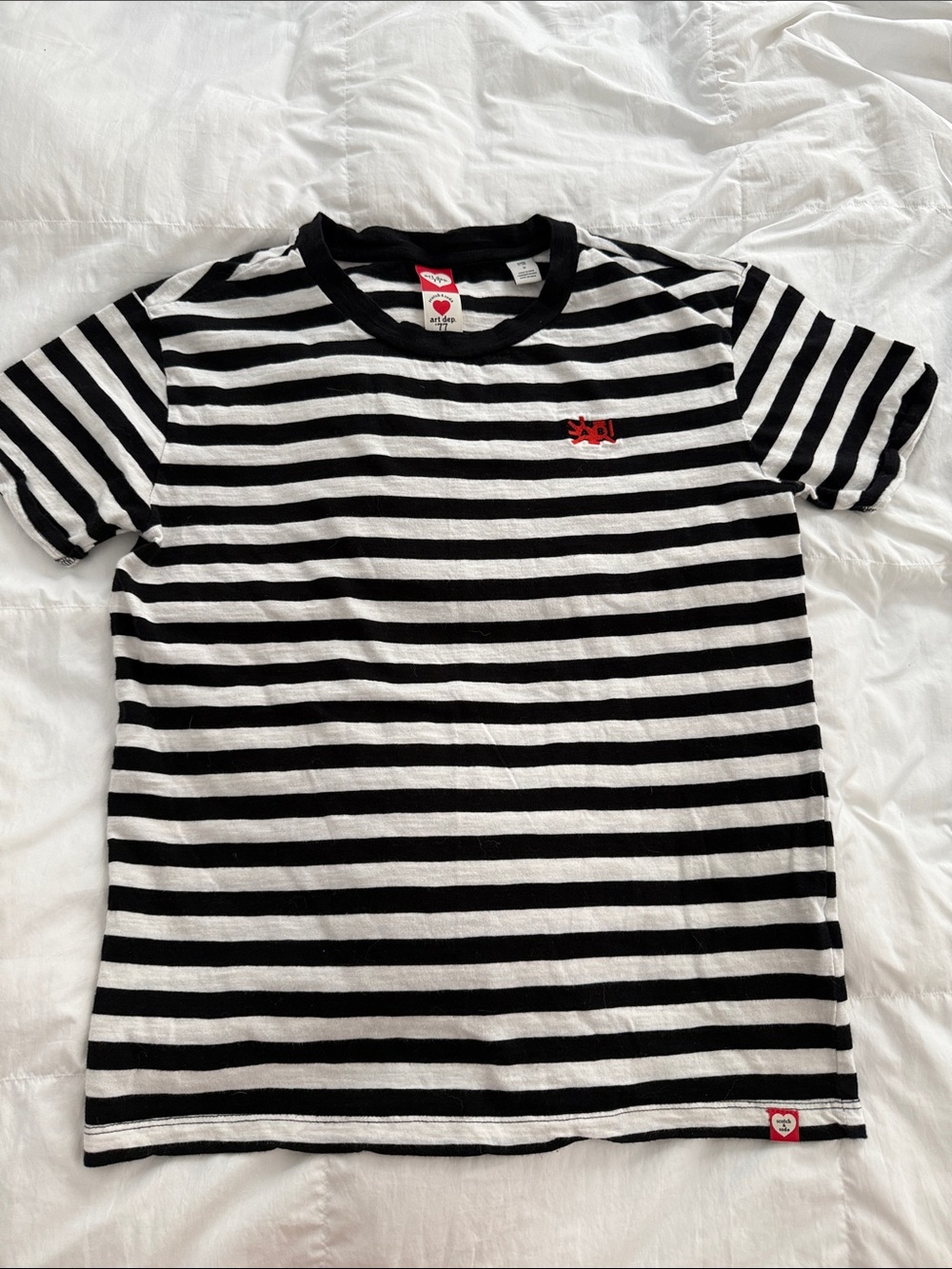 Scotch & Soda Black & White Striped Tee with Red Heart Emblem